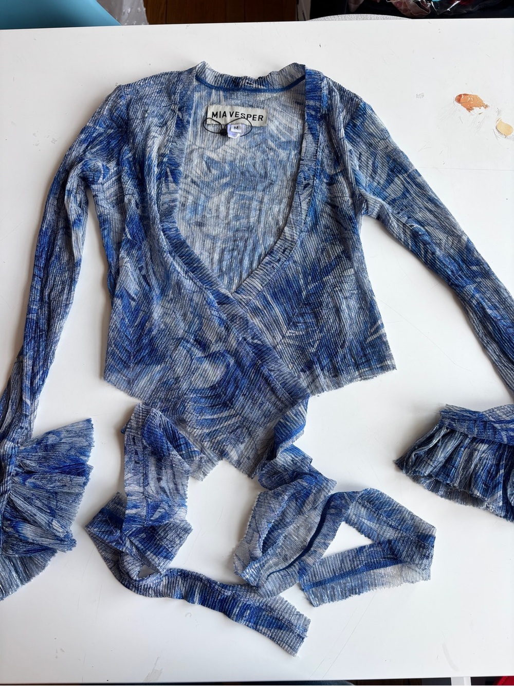 Mia Vesper Blue Printed Long-Sleeve Wrap Blouse